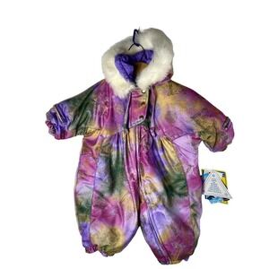 NEW Vintage 90s Snowsuit 12M Baby Girl Fur Hood Multi Color Dillard's Bunting